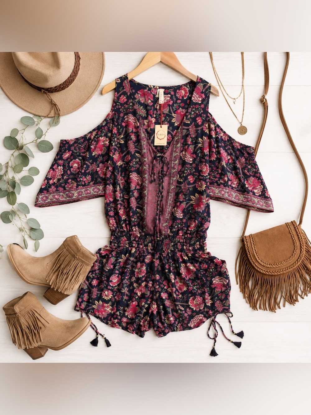 RAGA Boho Floral Cold-Shoulder Romper Drop Waist Tassel Tie Medium